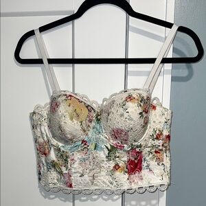 Floral Lace Bustier Crop Top in Cream and Multicolor Floral
